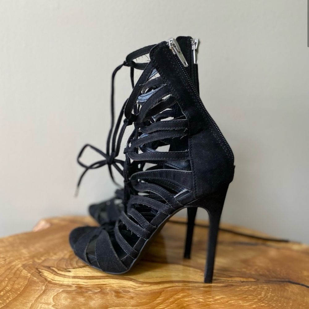 Steve Madden suede lace up cage heels.